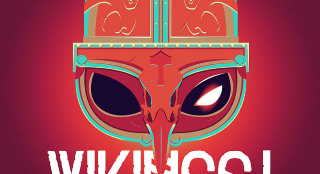 image de couverture du livre Vikings montrant un casque rouge dont un des yeux semble ouvert